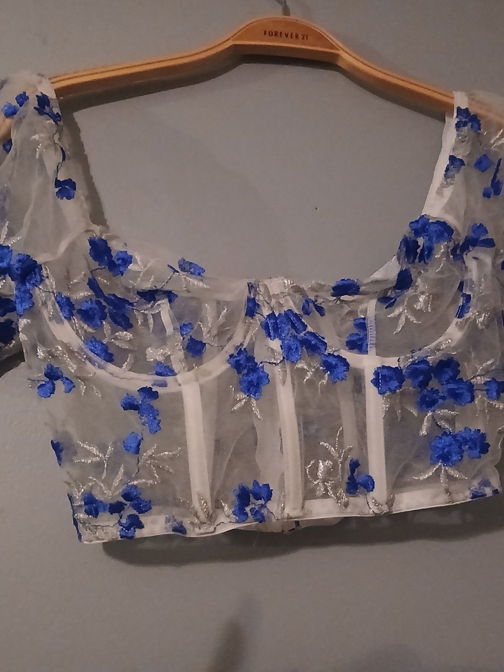 Forever 21 White Mesh Crop Top with Royal Blue Floral Appliqué